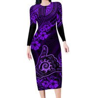 Hawaii Shaka Sign Family Matching Long Sleeve Bodycon Dress and Hawaiian Shirt Polynesian Pattern Purple Version - Wonder Print Shop