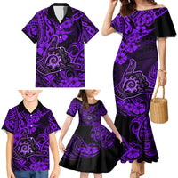 Hawaii Shaka Sign Family Matching Mermaid Dress and Hawaiian Shirt Polynesian Pattern Purple Version - Wonder Print Shop