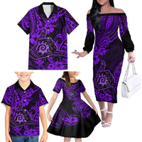 Hawaii Shaka Sign Family Matching Off Shoulder Long Sleeve Dress and Hawaiian Shirt Polynesian Pattern Purple Version - Wonder Print Shop