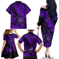 Hawaii Shaka Sign Family Matching Off Shoulder Long Sleeve Dress and Hawaiian Shirt Polynesian Pattern Purple Version - Wonder Print Shop