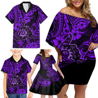 Hawaii Shaka Sign Family Matching Off Shoulder Short Dress and Hawaiian Shirt Polynesian Pattern Purple Version - Wonder Print Shop
