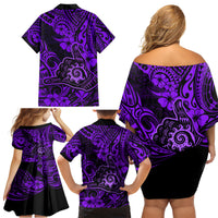 Hawaii Shaka Sign Family Matching Off Shoulder Short Dress and Hawaiian Shirt Polynesian Pattern Purple Version - Wonder Print Shop