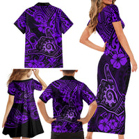 Hawaii Shaka Sign Family Matching Short Sleeve Bodycon Dress and Hawaiian Shirt Polynesian Pattern Purple Version - Wonder Print Shop