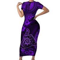 Hawaii Shaka Sign Family Matching Short Sleeve Bodycon Dress and Hawaiian Shirt Polynesian Pattern Purple Version - Wonder Print Shop