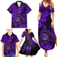 Hawaii Shaka Sign Family Matching Summer Maxi Dress and Hawaiian Shirt Polynesian Pattern Purple Version - Wonder Print Shop