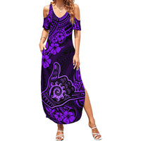Hawaii Shaka Sign Family Matching Summer Maxi Dress and Hawaiian Shirt Polynesian Pattern Purple Version - Wonder Print Shop