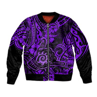Hawaii Shaka Sign Sleeve Zip Bomber Jacket Polynesian Pattern Purple Version - Wonder Print Shop
