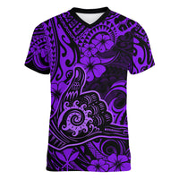 Hawaii Shaka Sign Women V Neck T Shirt Polynesian Pattern Purple Version - Wonder Print Shop