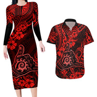 Hawaii Shaka Sign Couples Matching Long Sleeve Bodycon Dress and Hawaiian Shirt Polynesian Pattern Red Version - Wonder Print Shop