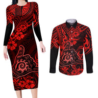 Hawaii Shaka Sign Couples Matching Long Sleeve Bodycon Dress and Long Sleeve Button Shirts Polynesian Pattern Red Version - Wonder Print Shop
