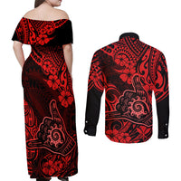 Hawaii Shaka Sign Couples Matching Off Shoulder Maxi Dress and Long Sleeve Button Shirts Polynesian Pattern Red Version - Wonder Print Shop