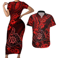 Hawaii Shaka Sign Couples Matching Short Sleeve Bodycon Dress and Hawaiian Shirt Polynesian Pattern Red Version - Wonder Print Shop