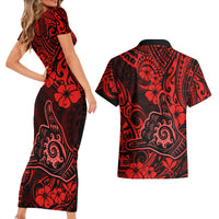 Hawaii Shaka Sign Couples Matching Short Sleeve Bodycon Dress and Hawaiian Shirt Polynesian Pattern Red Version - Wonder Print Shop