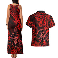 Hawaii Shaka Sign Couples Matching Tank Maxi Dress and Hawaiian Shirt Polynesian Pattern Red Version - Wonder Print Shop