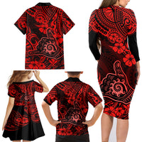 Hawaii Shaka Sign Family Matching Long Sleeve Bodycon Dress and Hawaiian Shirt Polynesian Pattern Red Version - Wonder Print Shop