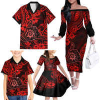 Hawaii Shaka Sign Family Matching Off Shoulder Long Sleeve Dress and Hawaiian Shirt Polynesian Pattern Red Version - Wonder Print Shop