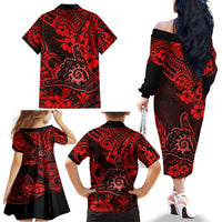 Hawaii Shaka Sign Family Matching Off Shoulder Long Sleeve Dress and Hawaiian Shirt Polynesian Pattern Red Version - Wonder Print Shop
