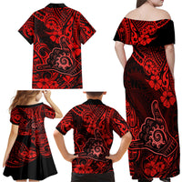 Hawaii Shaka Sign Family Matching Off Shoulder Maxi Dress and Hawaiian Shirt Polynesian Pattern Red Version - Wonder Print Shop