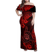 Hawaii Shaka Sign Family Matching Off Shoulder Maxi Dress and Hawaiian Shirt Polynesian Pattern Red Version - Wonder Print Shop