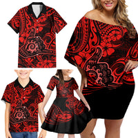 Hawaii Shaka Sign Family Matching Off Shoulder Short Dress and Hawaiian Shirt Polynesian Pattern Red Version - Wonder Print Shop