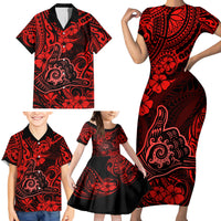 Hawaii Shaka Sign Family Matching Short Sleeve Bodycon Dress and Hawaiian Shirt Polynesian Pattern Red Version - Wonder Print Shop