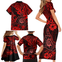 Hawaii Shaka Sign Family Matching Short Sleeve Bodycon Dress and Hawaiian Shirt Polynesian Pattern Red Version - Wonder Print Shop