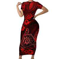 Hawaii Shaka Sign Family Matching Short Sleeve Bodycon Dress and Hawaiian Shirt Polynesian Pattern Red Version - Wonder Print Shop