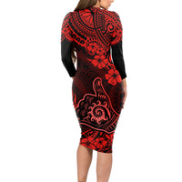 Hawaii Shaka Sign Long Sleeve Bodycon Dress Polynesian Pattern Red Version - Wonder Print Shop