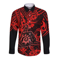Hawaii Shaka Sign Long Sleeve Button Shirt Polynesian Pattern Red Version - Wonder Print Shop