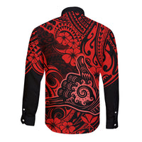 Hawaii Shaka Sign Long Sleeve Button Shirt Polynesian Pattern Red Version - Wonder Print Shop