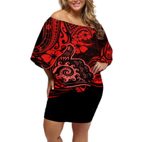 Hawaii Shaka Sign Off Shoulder Short Dress Polynesian Pattern Red Version - Wonder Print Shop