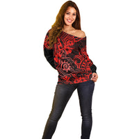 Hawaii Shaka Sign Off Shoulder Sweater Polynesian Pattern Red Version - Wonder Print Shop