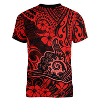 Hawaii Shaka Sign Women V Neck T Shirt Polynesian Pattern Red Version - Wonder Print Shop