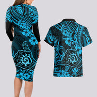 Hawaii Shaka Sign Couples Matching Long Sleeve Bodycon Dress and Hawaiian Shirt Polynesian Pattern Sky Blue Version - Wonder Print Shop