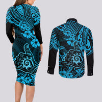 Hawaii Shaka Sign Couples Matching Long Sleeve Bodycon Dress and Long Sleeve Button Shirts Polynesian Pattern Sky Blue Version - Wonder Print Shop