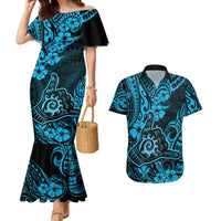 Hawaii Shaka Sign Couples Matching Mermaid Dress and Hawaiian Shirt Polynesian Pattern Sky Blue Version - Wonder Print Shop