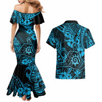 Hawaii Shaka Sign Couples Matching Mermaid Dress and Hawaiian Shirt Polynesian Pattern Sky Blue Version - Wonder Print Shop