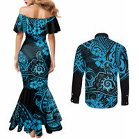 hawaii-shaka-sign-couples-matching-mermaid-dress-and-long-sleeve-button-shirts-polynesian-pattern-sky-blue-version