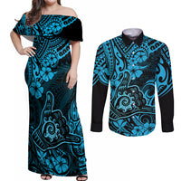 Hawaii Shaka Sign Couples Matching Off Shoulder Maxi Dress and Long Sleeve Button Shirts Polynesian Pattern Sky Blue Version - Wonder Print Shop