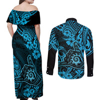 Hawaii Shaka Sign Couples Matching Off Shoulder Maxi Dress and Long Sleeve Button Shirts Polynesian Pattern Sky Blue Version - Wonder Print Shop