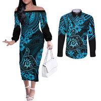 hawaii-shaka-sign-couples-matching-off-the-shoulder-long-sleeve-dress-and-long-sleeve-button-shirts-polynesian-pattern-sky-blue-version