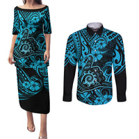 Hawaii Shaka Sign Couples Matching Puletasi Dress and Long Sleeve Button Shirts Polynesian Pattern Sky Blue Version - Wonder Print Shop