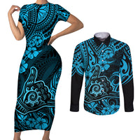 Hawaii Shaka Sign Couples Matching Short Sleeve Bodycon Dress and Long Sleeve Button Shirts Polynesian Pattern Sky Blue Version - Wonder Print Shop