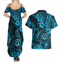 Hawaii Shaka Sign Couples Matching Summer Maxi Dress and Hawaiian Shirt Polynesian Pattern Sky Blue Version - Wonder Print Shop