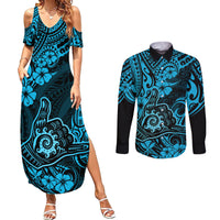Hawaii Shaka Sign Couples Matching Summer Maxi Dress and Long Sleeve Button Shirts Polynesian Pattern Sky Blue Version - Wonder Print Shop