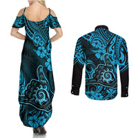 Hawaii Shaka Sign Couples Matching Summer Maxi Dress and Long Sleeve Button Shirts Polynesian Pattern Sky Blue Version - Wonder Print Shop