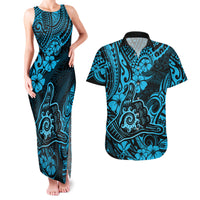 Hawaii Shaka Sign Couples Matching Tank Maxi Dress and Hawaiian Shirt Polynesian Pattern Sky Blue Version - Wonder Print Shop