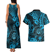 Hawaii Shaka Sign Couples Matching Tank Maxi Dress and Hawaiian Shirt Polynesian Pattern Sky Blue Version - Wonder Print Shop