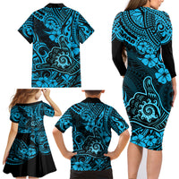 Hawaii Shaka Sign Family Matching Long Sleeve Bodycon Dress and Hawaiian Shirt Polynesian Pattern Sky Blue Version - Wonder Print Shop