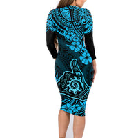Hawaii Shaka Sign Family Matching Long Sleeve Bodycon Dress and Hawaiian Shirt Polynesian Pattern Sky Blue Version - Wonder Print Shop